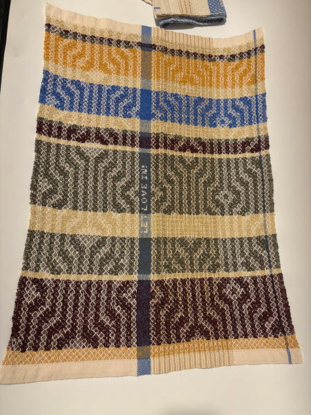 Tea Towel -Cotton /Linen natural and blue strip woven with natural dye linen on the drawloom