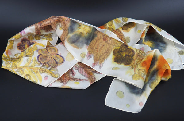 Silk scarf painted and printed with natural dyes after flower dyeing