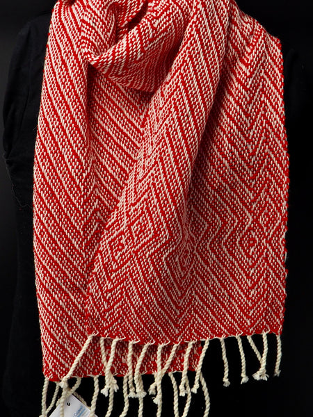 Scarf- Red and Soft White Cotton and Superwash Wool