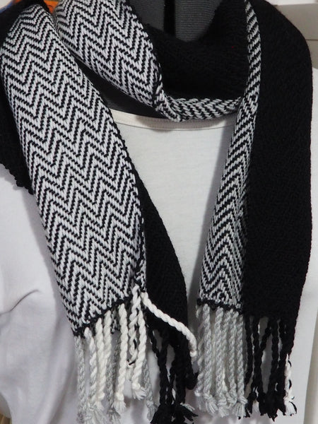 Scarf- Black, Grey and White Striped Superwash Wool Scarf